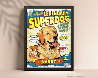 Hondenportret op een gepersonaliseerde stripboekcover, cadeau voor hondenpapa, cadeau-ideeën voor hondenmoeder, kerstcadeau voor hondenouders, grappig cartoonportret van een hond