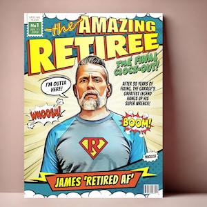 Couverture de bande dessinée de retraite personnalisée, cadeaux de retraite personnalisés pour hommes et femmes, portrait de dessin animé de retraite amusant, cadeaux de retraite uniques
