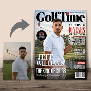 Before and after showing a man's photo transformed into a personalized Golf birthday magazine cover