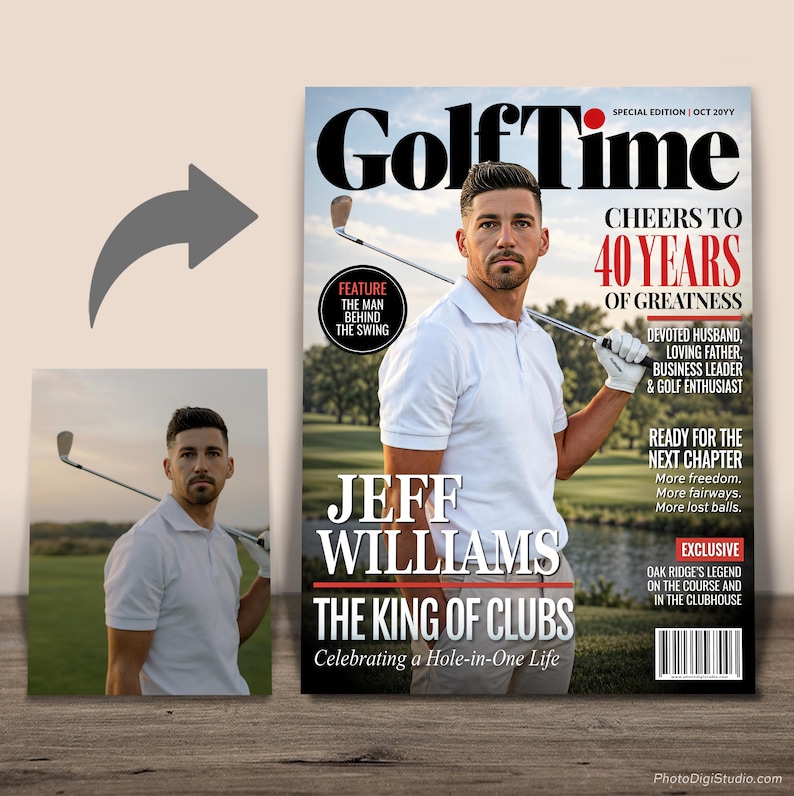 Before and after showing a man's photo transformed into a personalized Golf birthday magazine cover