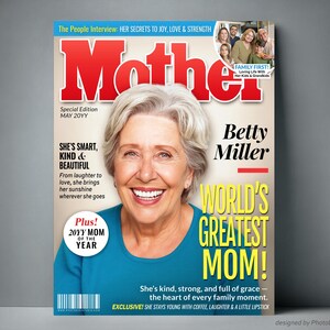Custom Mother of the Year Magazine Cover — Personalized Mother magazine featuring “World’s Greatest Mom” headline, made-to-order gift for mom.