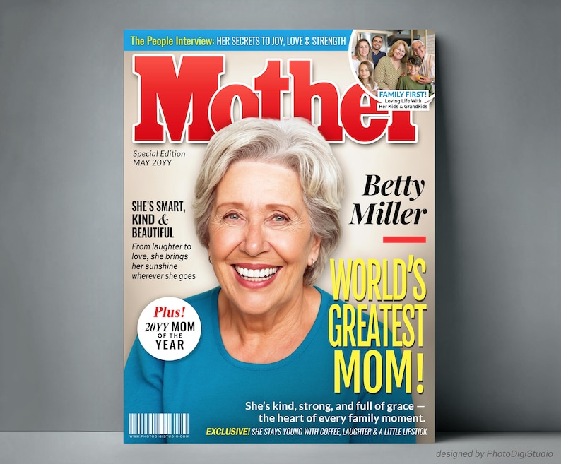 Custom Mother of the Year Magazine Cover — Personalized Mother magazine featuring “World’s Greatest Mom” headline, made-to-order gift for mom.