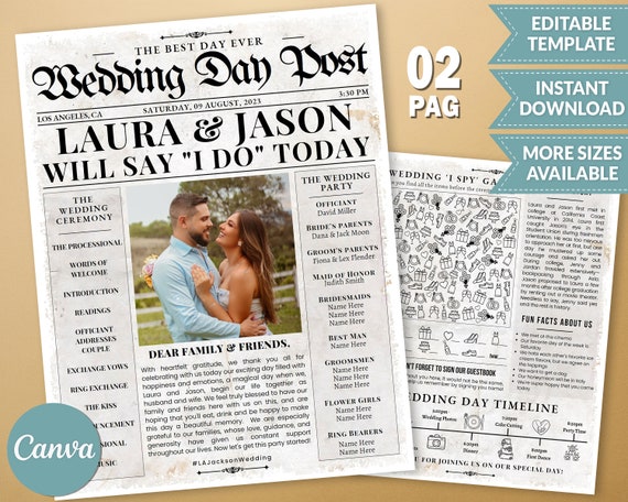 Newspaper Wedding Program Template Download, Wedding Itinerary Template with Timeline, Fully Editable Vintage Wedding Newspaper DIY Template Il_570xn