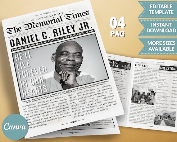 4 pages Funeral Program Template for Women or Men, Folded Editable Obituary Template, In Loving Memory Memorial Program, Newspaper Template Il_570xn