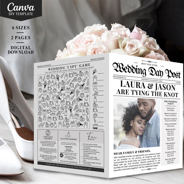 4 page Newspaper Wedding Program Template with Wedding Day Timeline, Unique Wedding Favors, Wedding Itinerary Template Newspaper Large