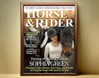 Custom Horse and Rider Magazine Cover, Equestrian Gift for Horse Lovers, Cowboys, Rodeo Fans, Birthday Keepsake Personalized Horse Gift