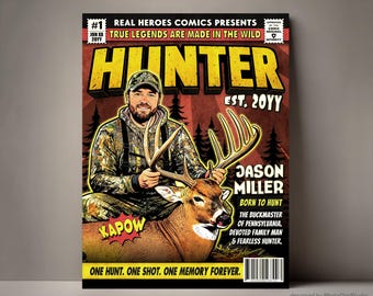 Custom Hunter Comic Book Cover, Personalized Hunting Gifts for Men, Hunting Cartoon Portrait Hunter Man Cave Decor, Unique Outdoorsmen Gifts