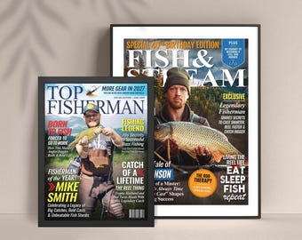 Portada de revista de pesca personalizada, regalos de pesca personalizados para hombres, regalos de pesca con mosca para él, regalo para papá pescador, regalo de cumpleaños para pescador