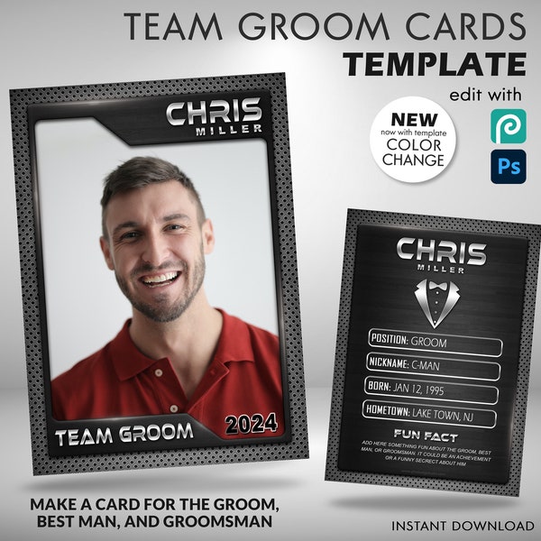 Custom Team Groom Cards, Graphite Groomsmen Trading Cards, Unique Groomsmen Proposal, Bachelor Party Favors, Wedding Trading Card Template