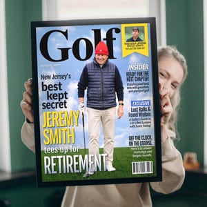 Custom golf retirement magazine cover held in hands, personalized retirement gift for golfer or golf coach