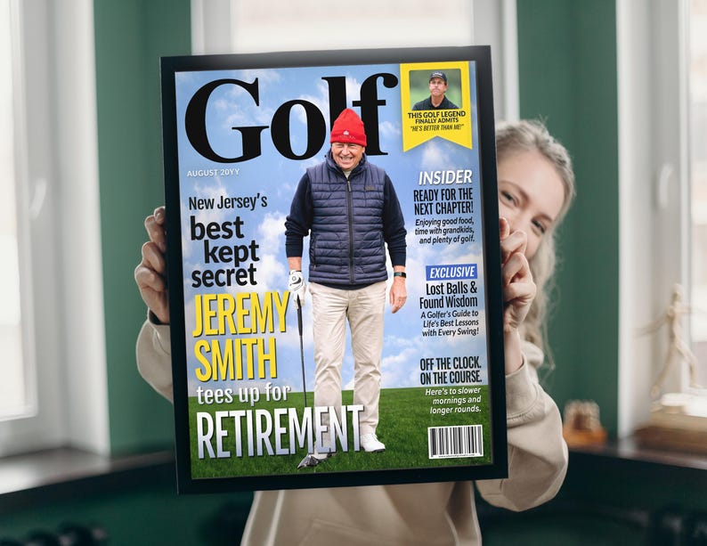 Custom golf retirement magazine cover held in hands, personalized retirement gift for golfer or golf coach