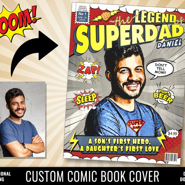 Personalized Fathers Day Custom Comic Book Cover, Superhero Superdad Custom Illustration from Photo, Personalized Gifts for Dad Comic Book