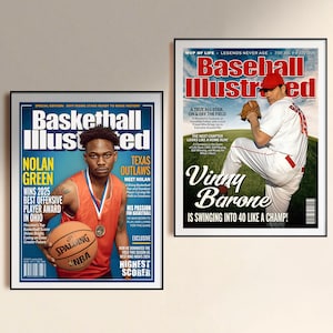 Copertina di una rivista sportiva personalizzata, regali sportivi personalizzati, poster di basket personalizzato, regali per giocatori di baseball, poster illustrati di football per lui