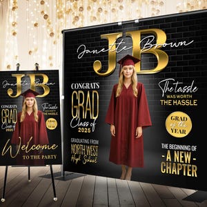 Custom Graduation Backdrop with Golden Monogram, Custom Photo Graduation Banner Black Gold Backdrop Graduation Decor 2025 Grad Party Decor