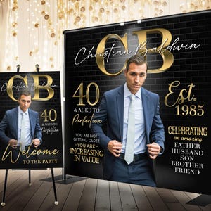 Aangepaste achtergrond met foto, verjaardagsachtergrond voor mannen, 70e 60e 50e 40e verjaardag decoraties voor mannen, monogrambanner elegant feestdecor