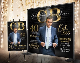 Custom Backdrop with Photo, Birthday Backdrop for Men, 70th 60th 50th 40th Birthday Decorations for Men, Monogram Banner Elegant Party Decor