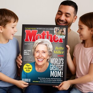 Family Holding Custom Magazine Print — Kids and dad smiling while showing framed World’s Greatest Mom magazine cover made for mom.