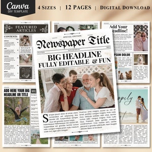 12 page Newspaper Template Download, Vintage Fake Newspaper Template for Birthdays, Weddings, Family Reunion, Canva Fully Editable Template