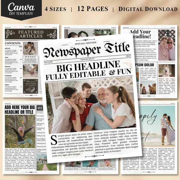 12 page Newspaper Template Download, Vintage Fake Newspaper Template for Birthdays, Weddings, Family Reunion, Canva Fully Editable Template