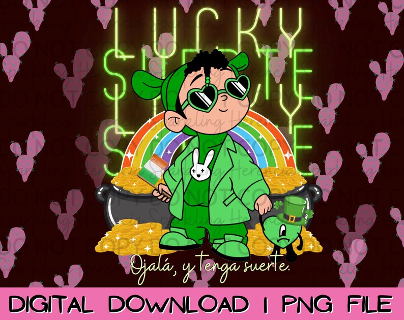 Lucky Benito Suerte St. Patrick's Day Digital Download Design PNG Instant Bad Bunny Digital Design image 1