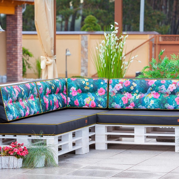 Pallet cushion, seat cushion, 120x80x10cm, backrest 120x40x12cm Euro palette, polyester, water repellent black + flowers Karol 1+1