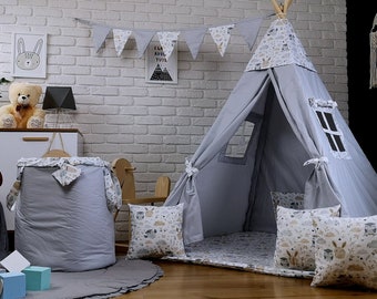 Schönes Kinder Spielzelt TIPI SET Teepee  Indianerzelt Tippi Bodenmatte  mit Zubehör 3 Kissen für Junge oder Mädchen Geschenk Idee Freunde