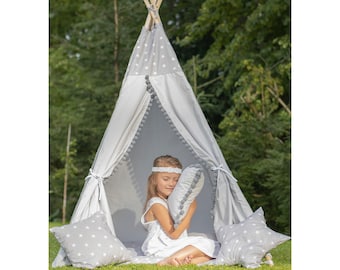 Magnifique tente de jeu pour enfants TIPI SET Tipi 7 éléments Tente indienne étoile grise pour filles ou garçons par Pamek