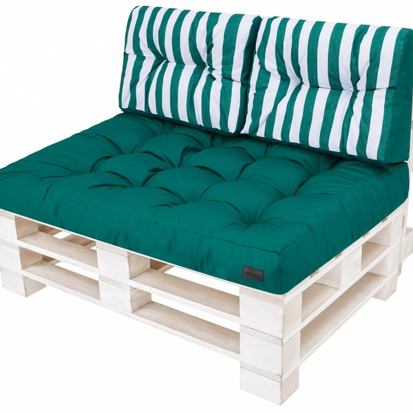 Pallet cushion, seat cushion, 120x80x12cm, backrest 60/120x40x12cm Euro pallet, bench pad SET water repellent green + stripe Leo