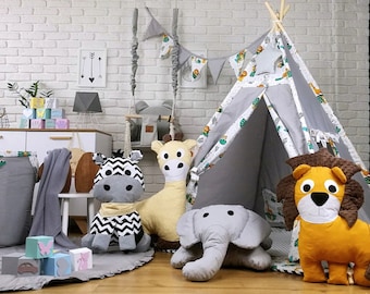 Schönes Kinder Spielzelt TIPI SET Teepee 7-9 Elemente Indianerzelt mit Tieren 2 Varianten Jungel mit Zubehör für Junge oder Mädchen by Pamek