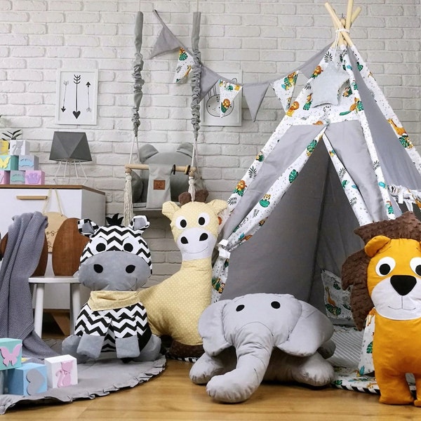 Bellissima tenda da gioco per bambini TIPI SET Teepee 7 elementi Tenda indiana con animali regalo giungla con accessori per ragazzi o ragazze di Pamek