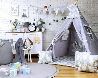 Belle tente de jeu pour enfants TIPI SET Tipi Tente indienne Tapis de sol Tippi avec accessoires coussin pour garçon ou fille idée cadeau plume grise