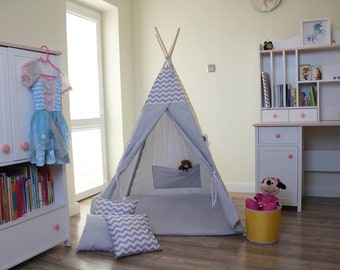 Magnifique tente de jeu pour enfants TIPI SET Tipi 7 éléments Tente indienne gris blanc zigzag pour fille ou garçon par Pamek