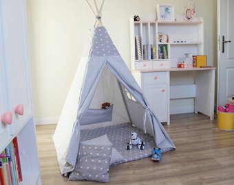 Schönes Kinder Spielzelt TIPI SET Teepee 7 Elemente Indianerzelt  Grau Weiss  für Mädchen oder Junge by Pamek