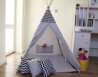 Magnifique tente de jeu pour enfants TIPI SET Tipi 7 éléments Tente indienne gris noir zigzag pour fille ou garçon par Pamek