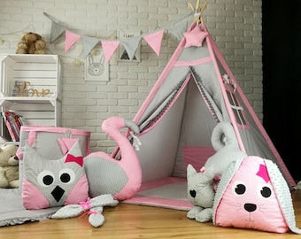 Belle tente de jeu pour enfants TIPI SET Tipi 7-9 éléments Tente indienne avec animaux 2 variantes avec accessoires flamant rose pour filles par Pamek
