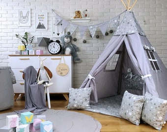 Belle tente de jeu pour enfants TIPI SET Tipi Tente indienne Tippi tapis de sol avec accessoires coussin pour garçon ou fille idée cadeau étoile grise