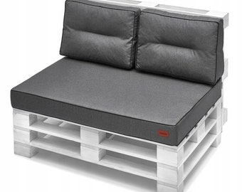 Coussin de palette, coussin d'assise, 120x80x10cm, dossier 120x40x12cm palette Euro, polyester, hydrofuge gris foncé SET