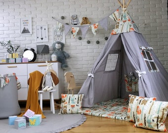 Belle tente de jeu pour enfants TIPI SET Tipi Tente indienne Tapis de sol Tippi avec accessoires 3 coussins pour garçon ou fille idée cadeau renards