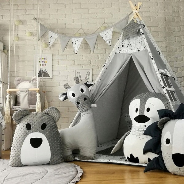 Belle tente de jeu pour enfants TIPI SET Tipi 7-9 éléments Tente indienne avec animaux 2 variantes avec accessoires gris pour ou Madagascar