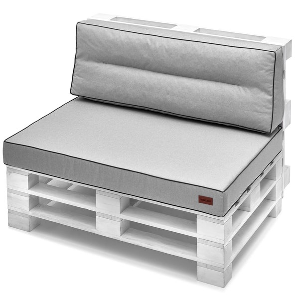 Pallet cushion, seat pad, 120x80x10cm, backrest 120x40x12cm Euro pallet, polyester, water-repellent light grey