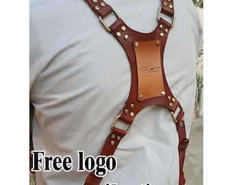Personalized Leather Dual Camera Harness: Handmade Photographer Strap, Genuine Leather, Free Logo Engraving
