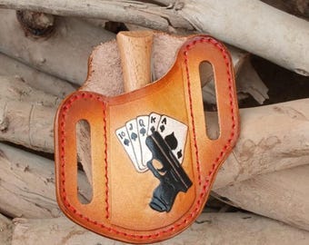 Pancake sheath, leather case, hand tooled, leather painted, Leather Pancake style sheath, folding knife, unique sheath