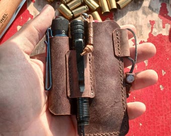 Flashlight and Knife Leather EDC Organizer, Olight, Victorinox Sheath,  Leather Pocket Knife cover, tactical Pen,  Swiss Kinfe EDC.