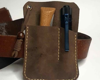 Leather EDC belt pouch for multitool, Folding Knife & Flashlight, Leather Belt Organizer - Handmade Multitool Sheath - Gift for Him