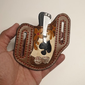 Étui à crêpes, Buck 110, étui en cuir, repoussé à la main, cuir peint, étui en cuir de style crêpe, couteau pliant, étui unique