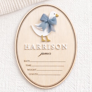 Personalized Goose Birth Announcement Sign | Custom Newborn Photo Prop & Nursery Keepsake | Birch Wood Baby Name Plaque
