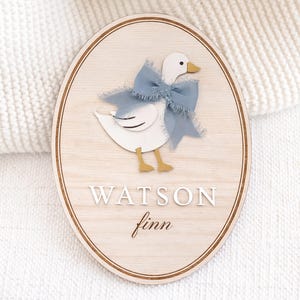 Goose baby name announcement sign | custom newborn name plate | personalized birth announcement for hospital | ribbon bow lace wood plaque