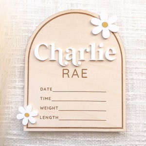 Personalized 3D baby name announcement birth stat hospital sign Custom name arch wooden daisy flower sign Milestone photo prop image 1