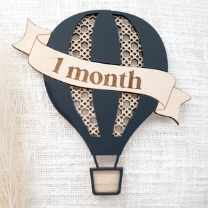 Wooden 3D hot air balloon monthly milestone sign Interchangeable custom milestone card Baby photo props Boho rattan decor image 1