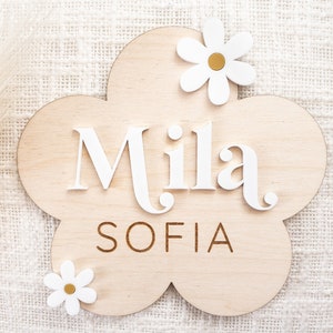 Personalized 3D baby name announcement sign Custom name wooden daisy flower sign Boho decor Baby photo prop image 1